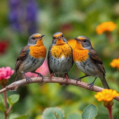 The primary subject of the image is a group of three birds perched on a branch. The birds are of different colors, adding visual interest to the scene. The setting is a garden, with a variety of flowers surrounding the birds. The visual style is a photo, capturing the birds in their natural habitat. The colors and mood of the image are vibrant and lively, with the flowers and birds creating a sense of life and beauty.